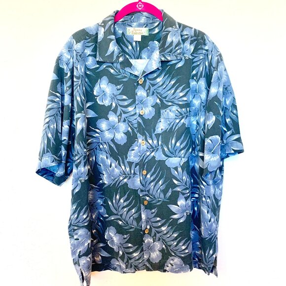 Tommy Bahama mens Silk camp Hawaiian shirt SZ Large Floral Blue/Gray White Black - Picture 1 of 5